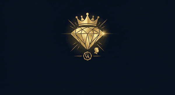 Zeigt einen Diamanten und Krone mit dem Logo und einer Silhouette einer Person. Verdeutlicht den Statusanstieg durch verkaufspsychologische Texte 