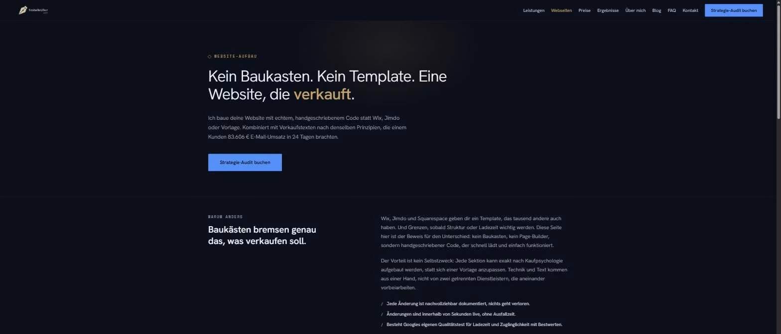 Screenshot der Website-Aufbau-Seite von textschreiber.com: echtes Beispiel für Code statt Baukasten